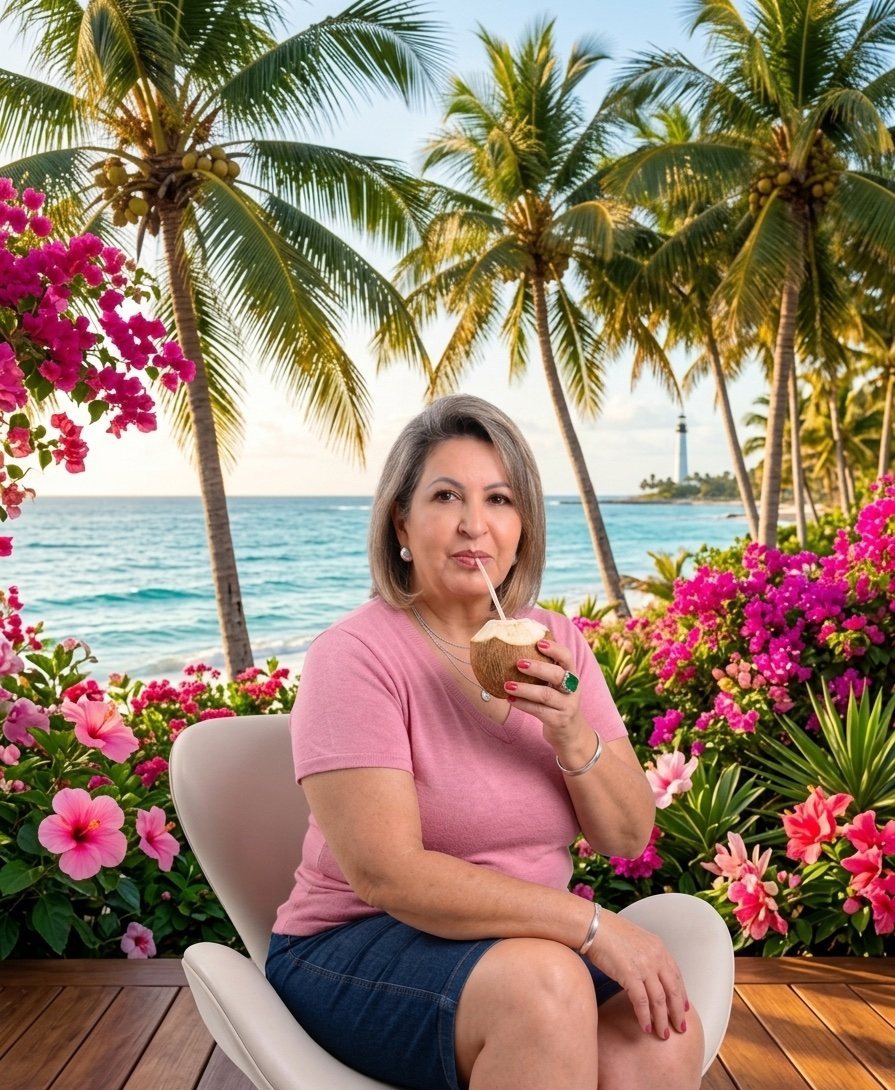 Reginah Araujo na Flórida, entre coqueiros e flores, com o mar ao fundo