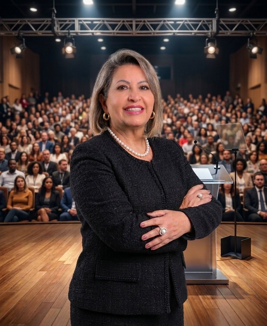 Reginah Araujo no palco diante de uma plateia lotada