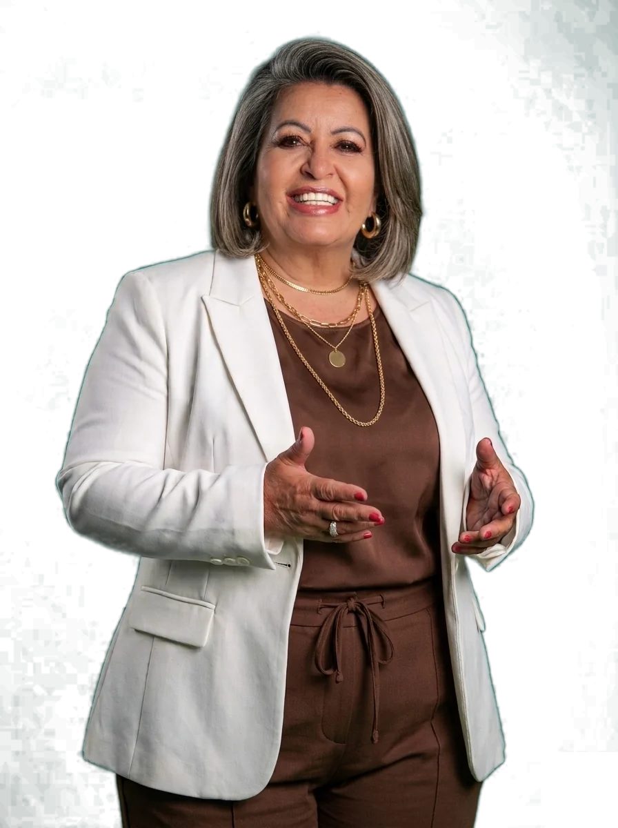 Reginah Araujo sorrindo, de blazer branco